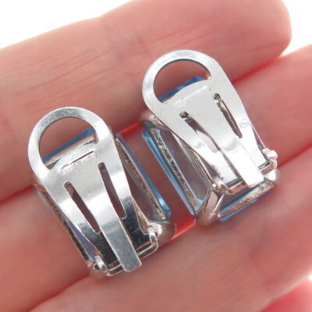 925 Sterling Silver Vintage Italy Emerald-Cut Nano Blue Topaz Clip On Earrings - Picture 2 of 8